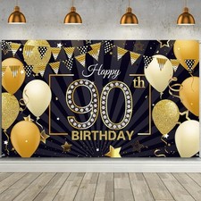 Blulu Happy 90th Birthday Backdrop Banner 2 Piece Set, gold, Gold, Multicolor