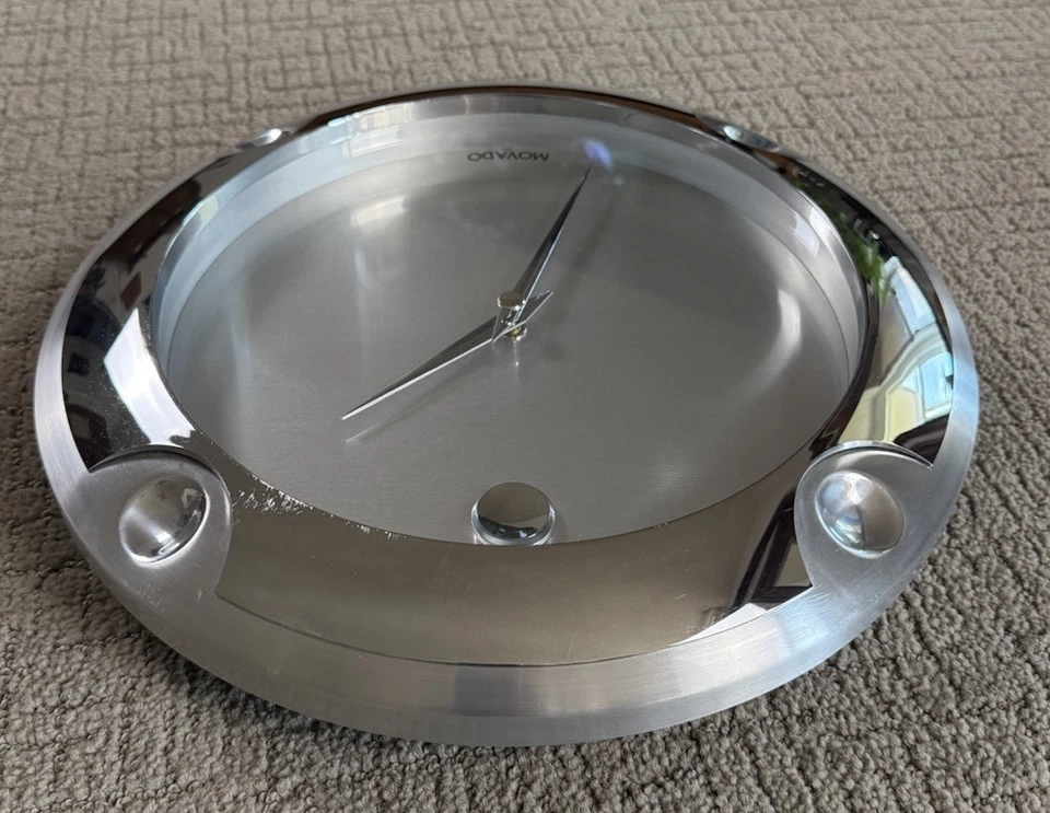 "Reloj de pared grande Movado plateado/cromo probado funcionando raro 13"" pulgadas" Foto 4 de 4