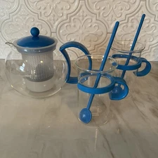 Bodum Assam Tea Press Set 2 Glass Mugs 2 Spoons Blue Limited Edition