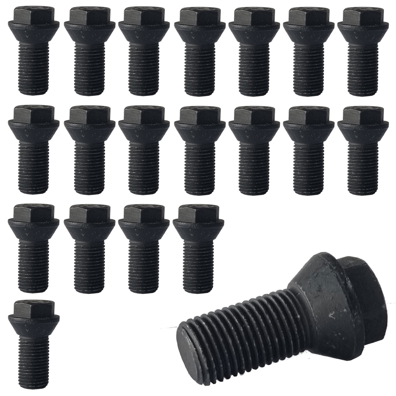 20x Wheel bolts M12x1.25 tapered 60° short head 22mm black for