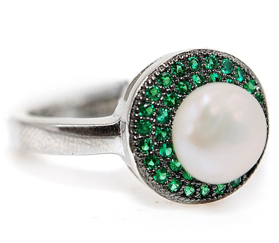 Кольцо из чистого стерлингового серебра 925 пробы с пресноводным жемчугом и обработанным изумрудом размер 8 MK6-1 - Изображение 2 из 3