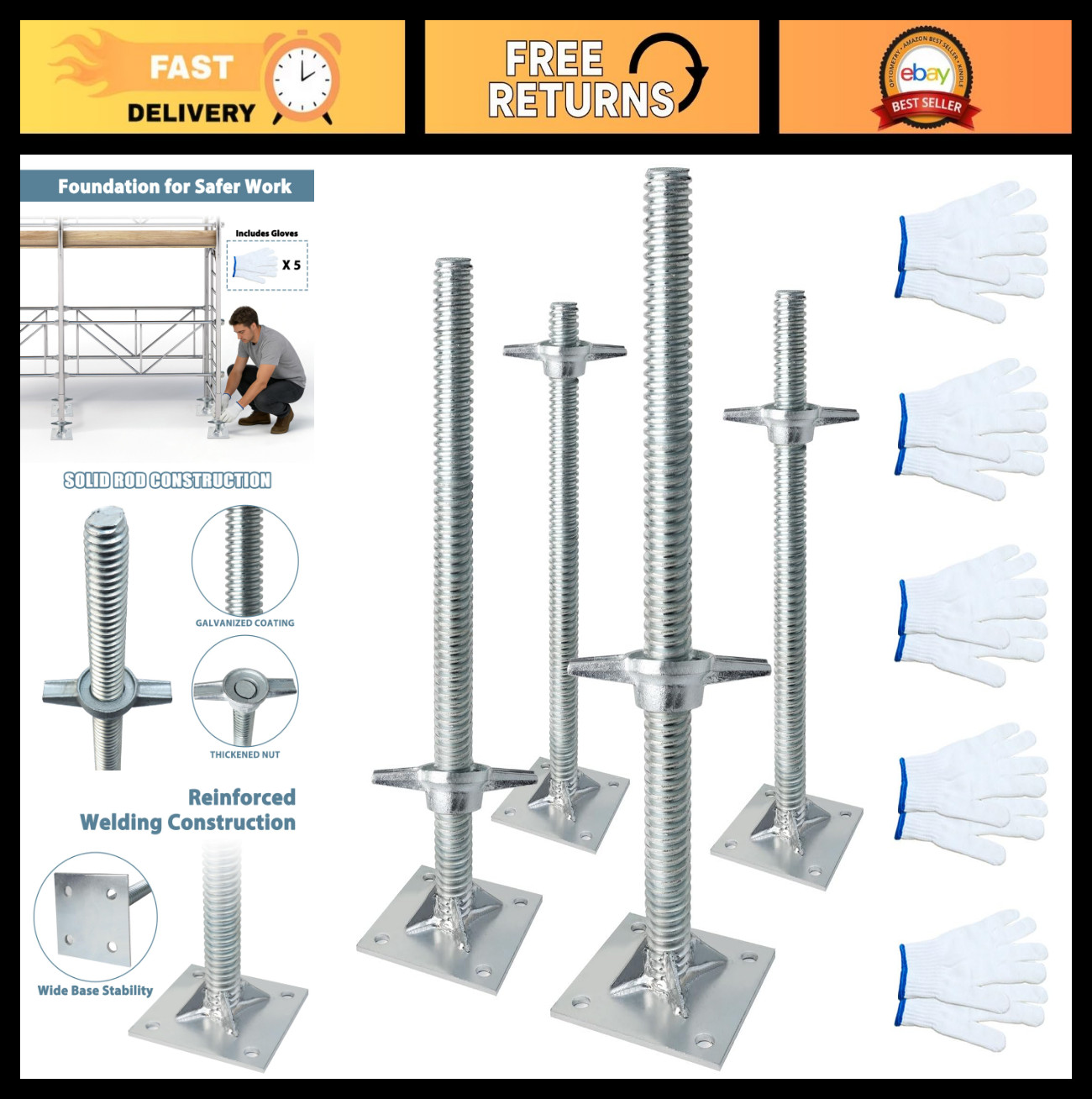 4 Pack Adjustable Scaffold Leveling Jacks 18.25" - Heavy Duty Screw Jacks, Wide