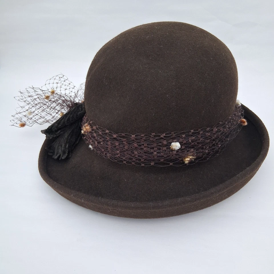 Sombrero de mujer Charleston vintage de lana marrón estilo años 20 encaje derby Foto 3 de 4