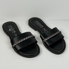 Italian Shoemakers Leather Black Sandals Slides Slip Ons Silver Braided Women 7