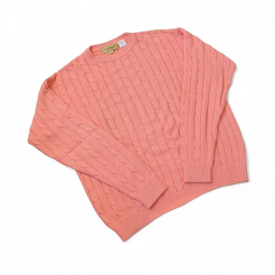 y2k Paul Stuart $795 pastel pink cotton cashmere cable knit crewneck sweater M - Image 4 of 4