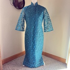 Elegant Turquoise Mesh Lace Layer Cheongsam-Style Dress Qipao sz 6-8 M GIFT