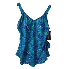 Maxine of Hollywood Sarong One-Piece Swimsuit Tummy Control 20W Blue Green NWT