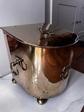 Vintage Brass Coal Scuttle/Fireside Log Bin With Lid & Ring Handles-Plant Holder