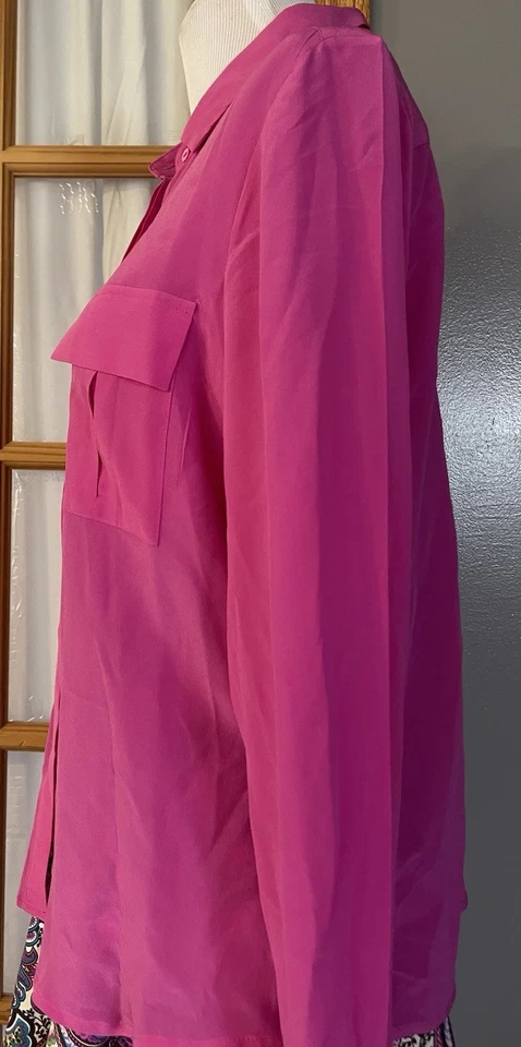Blusa Joe Fresh Seda Botón Años 90 Talla L Rosa Bolsillos Manga Larga Clásica Carrera Foto 4 de 4