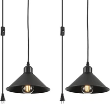 2-Pack Black Plug-In Pendant Lights, Industrial Vintage Hanging Lamps with 15ft