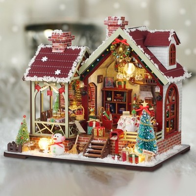 Wooden Miniature Dollhouse Warm Pavilion on Christmas Eve Model for Adult Gift