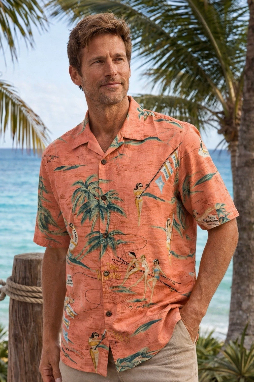 Tommy Bahama 100% Silk Hawaiian Shirt Coral Beach Print Large Resort Camp Shirt