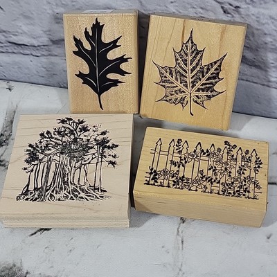 Vintage Rubber Stamps Lot Of 4 Nature Spring Fall Leaves Trees Fence W/ Roses