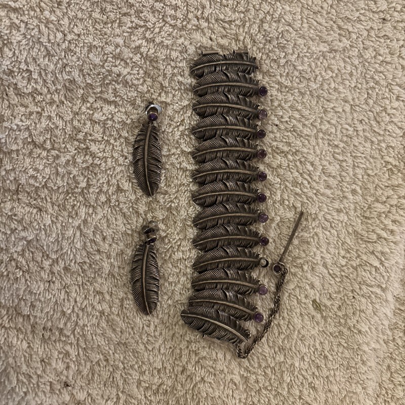 Southwest Sterling Amethyst Feather Bracelet & earrings. Limited Edition #8/30