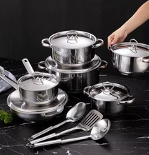 15-Piece  410 Stainless Steel Pots and Pans Professional Quality Non-Toxic NEW