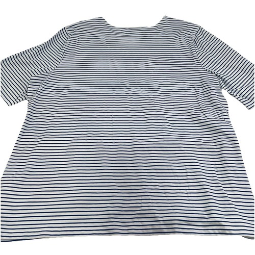 Denim & Co Weiß Blau Gestreift Bestickt Blumen XL Rundhals Top Tee Neu 9096 - Bild 2 von 5