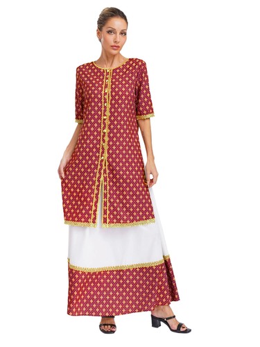 Womens Partywear Set Gold Trim Floral Print Sides Slit Button Tunic with Skirt - Picture 35 of 54