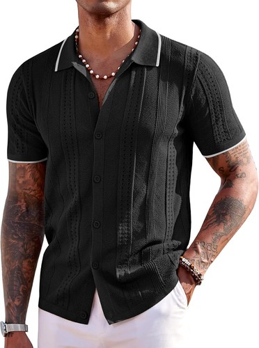 Men's Short Sleeve Button Down Polo Shirt - Knit Fabric Casual Summer Beach Tops - Picture 39 of 64
