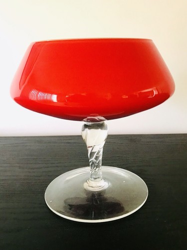 VINTAGE RED ART GLASS CASED VASE BOWL COMPOTE MID CENTURY ITALY - Picture 8 of 12