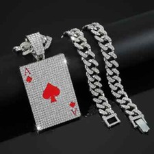 Poker Ace Of Hearts Pendant  20" Iced Cubic Zirconia Chain Hip Hop Necklace