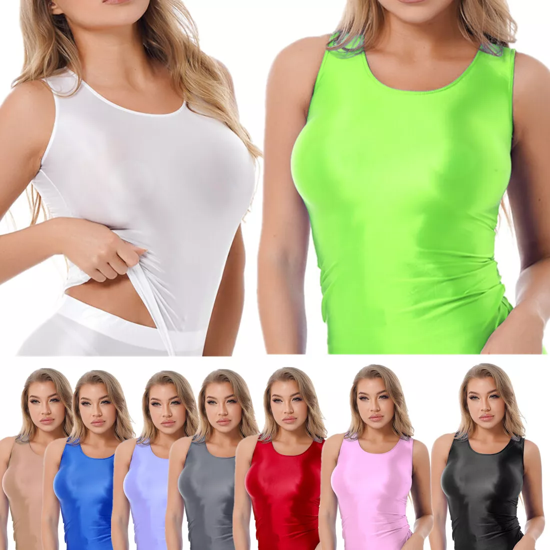 Women's Glossy Smooth Tank Tops Stretchy Vest Yoga Swimwear Sports Top  Sleewear