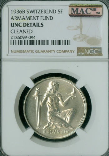 1936 SWITZERLAND ARMMAMENT 5 FRANCS SILVER NGC UNC DETAILS MS65 MAC SPOTLESS *