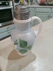 Antique Milk Glass Pale Blue Syrup Pitcher Hinged Pewter Lid Daisies Flowers