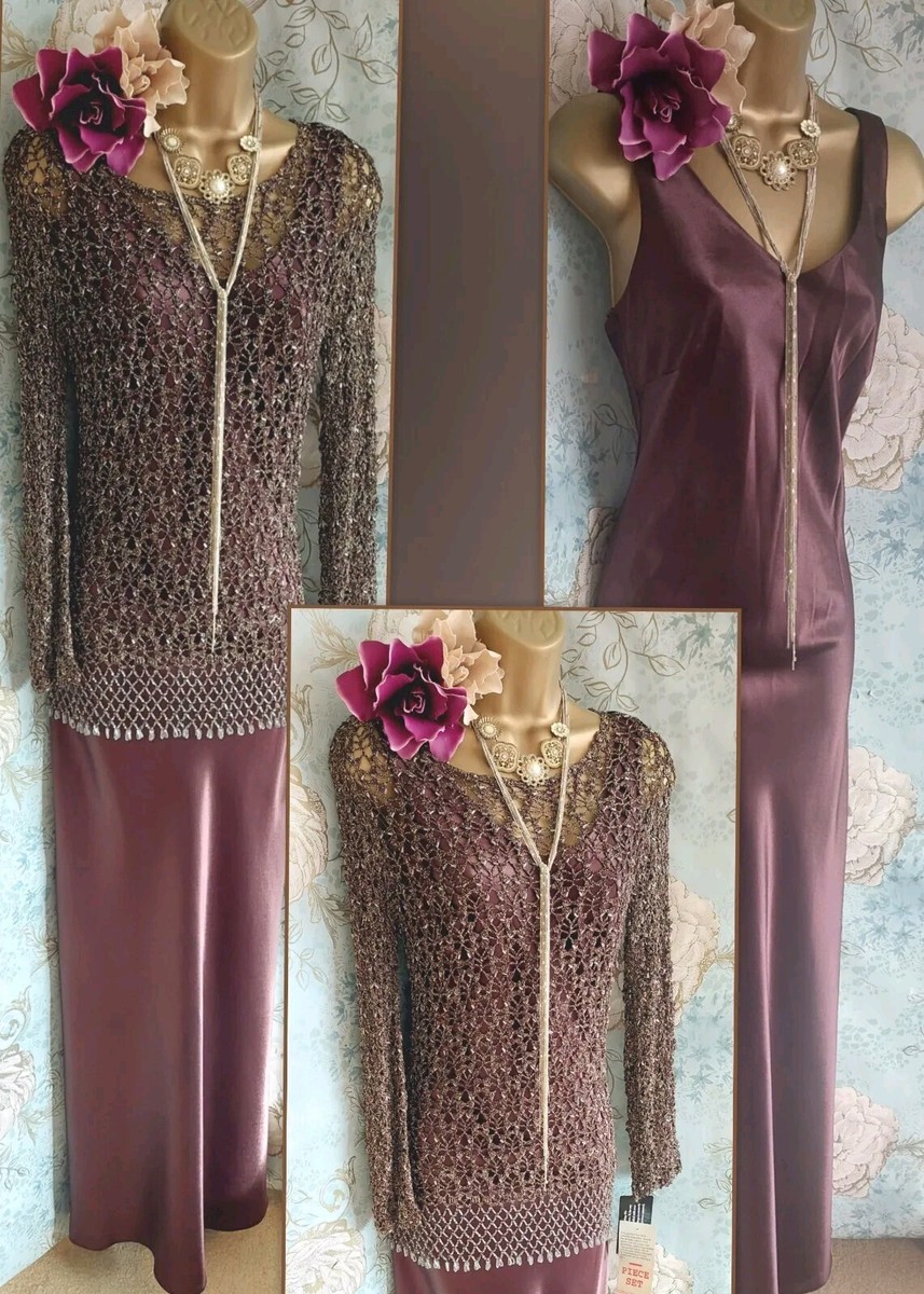 Xscape brown satin dress crochet beaded lace jumper gatsby 20s