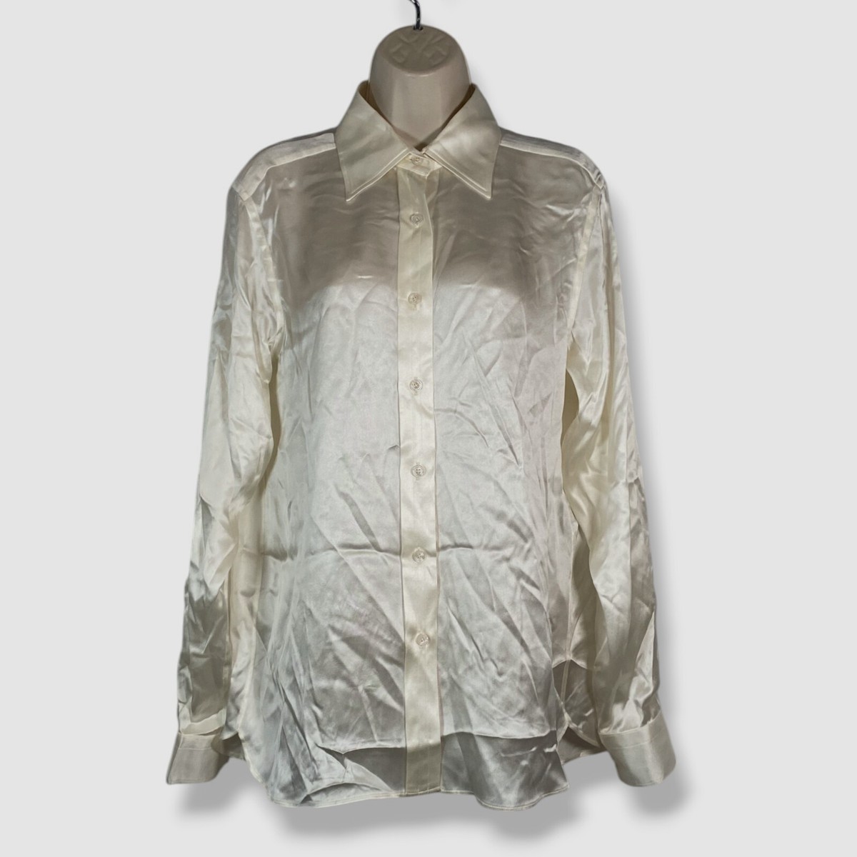 Tom Ford Women's Ivory Silk Collared Long Sleeve Button-Up Shirt Top Size 42