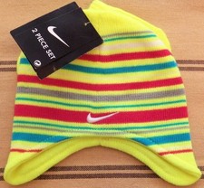 New Girls Nike Gloves/Hat Set Striped Hat Solid Mittens - Sz 12-24 mo NWT