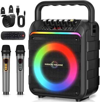Karaoke Machine with 2 Wireless Microphones, Portable Bluetooth Speaker with Bas