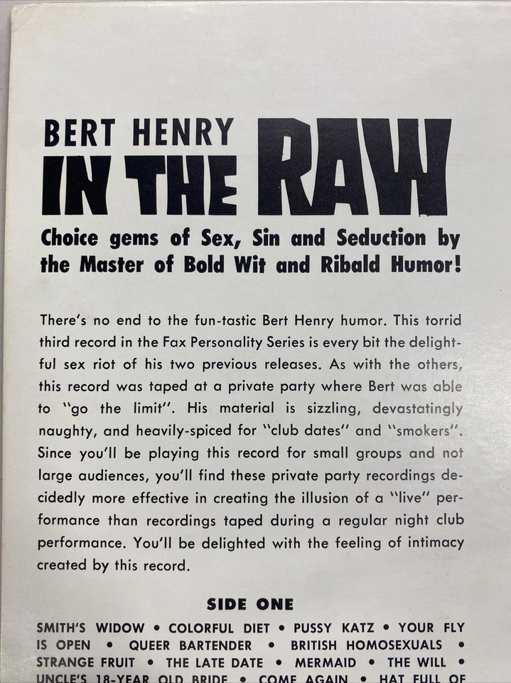 Bert Henry In The Raw FaxLP 3003 Choice Gems of Sex - Vintage Vinyl - Image 3 of 4