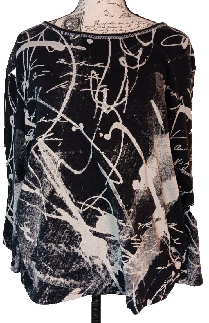 Jess & Jane Black XL White Graffiti Long Sleeve Top Shirt Lagenlook, Art to Wear