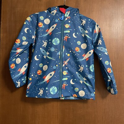 STEPHEN JOSEPH BOYS HOODED RAIN COAT OUTER SPACE THEMED Size 4-5 Medium Blue