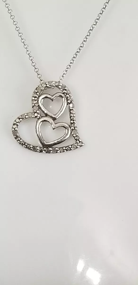 SIGNED 925 FAS STERLING SILVER GENUINE WHITE DIAMOND DOUBLE OPEN HEART NECKLACE