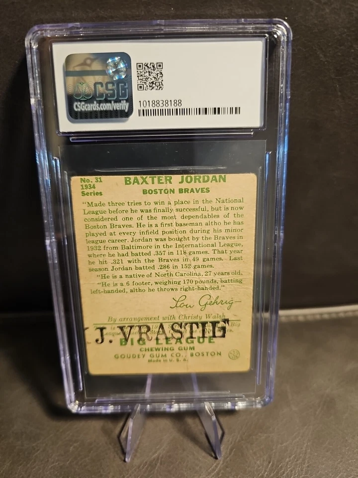 Goma de mascar Goudey Big League 1934 R320 Baxter Jordan 31 CSG 1,5 Lou Gehrig dice Foto 2 de 2