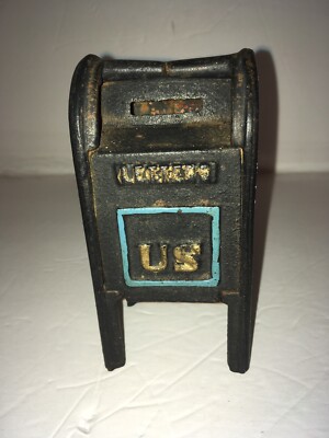 Vintage Cast Iron US Mailbox Coin Still Bank Air Mail Box Toy