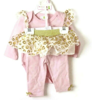 Baby Girl Tutu Skirt Pants Outfit Long Sleeves 2Pc. Sparkling Gold/Pink Suit 0-3