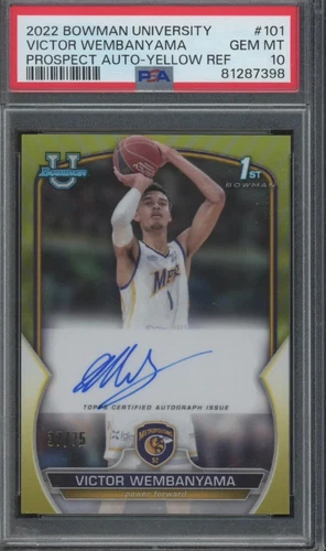 Victor Wembanyama, 2022 Bowman University Yellow Refractor, /75 Auto PSA 10