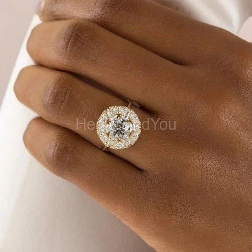 1.5ct Round Cut Moissanite Halo Women Engagement Ring 14k Yellow Gold Plated - Picture 2 of 7