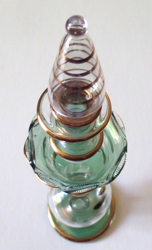 Vintage Empty Clear Green & Gold Glass Perfume Bottle & Glass Stopper - Picture 5 of 9
