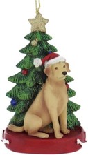 Kurt Adler Tellow LABRADOR w/ Tree on Base Christmas Ornament--Personalizable