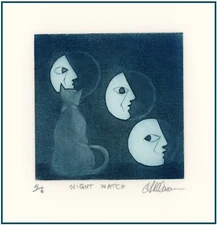 Nighttime CAT Moon Faces Phases Original MEZZOTINT signed Numbered LISTED ARTIST