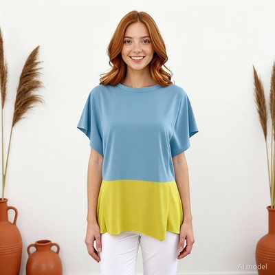 Lennon Courtney Blouse Tunic Blue Yellow Size 12 Short Sleeve Casual Top US 8