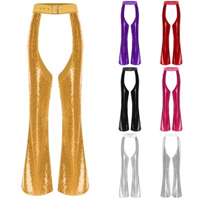 Women's Cowgirl Costume Sequin Assless Chaps Adjustable Waist Rave Dance Pants