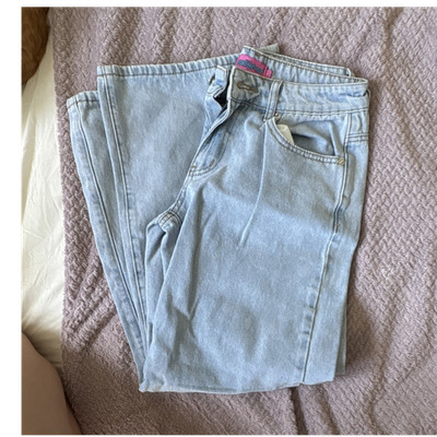 Edikted Women's Straight Jeans Light Blue Denim Button Zip Pockets