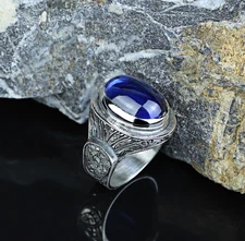 925 Silver Sapphire Vintage Engraved Blue Sapphire Men Ring