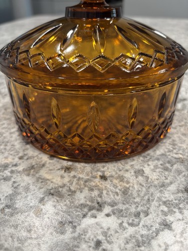 Vintage Gold Amber Glass Covered Candy Dish Nut No Chips No Cracks - Picture 3 of 4