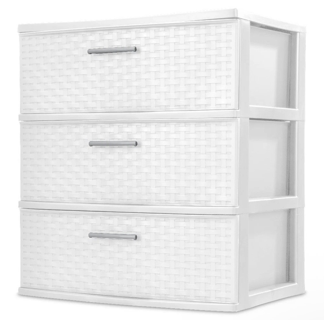 Plastic Storage Tower with 3 Wide Weave Drawers and Pull Handles in White