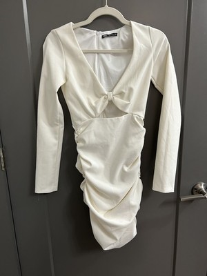ZARA Women s Cut Out Draped Dress-Mini skirt with Long Sleeves-Off white-XS